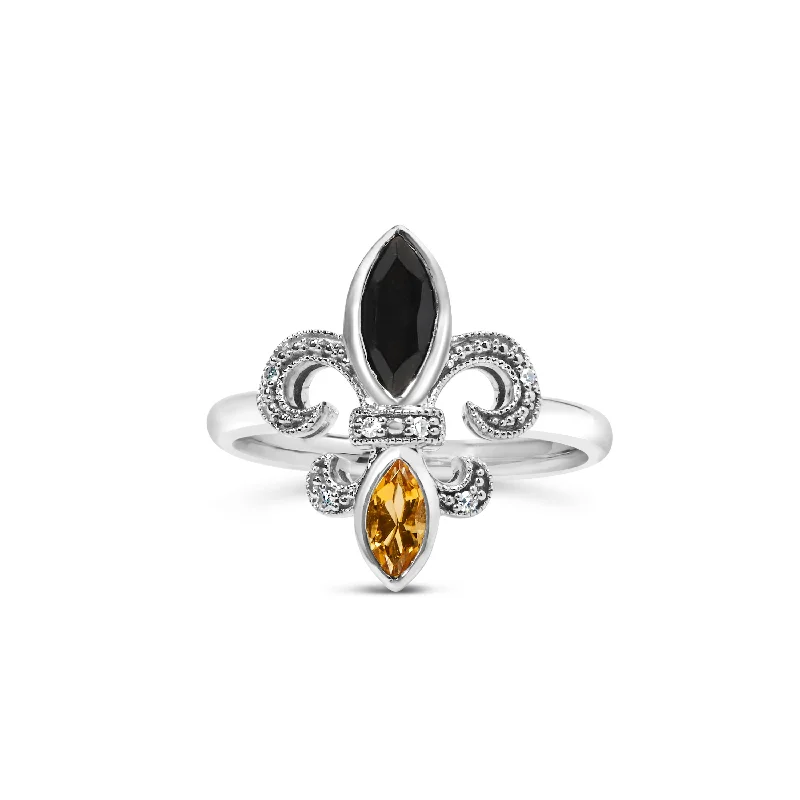 women yellow gold engagement rings -.925 Sterling Silver Black Onyx and Yellow Citrine Marquise and Diamond Accent Fleur De Lis Ring