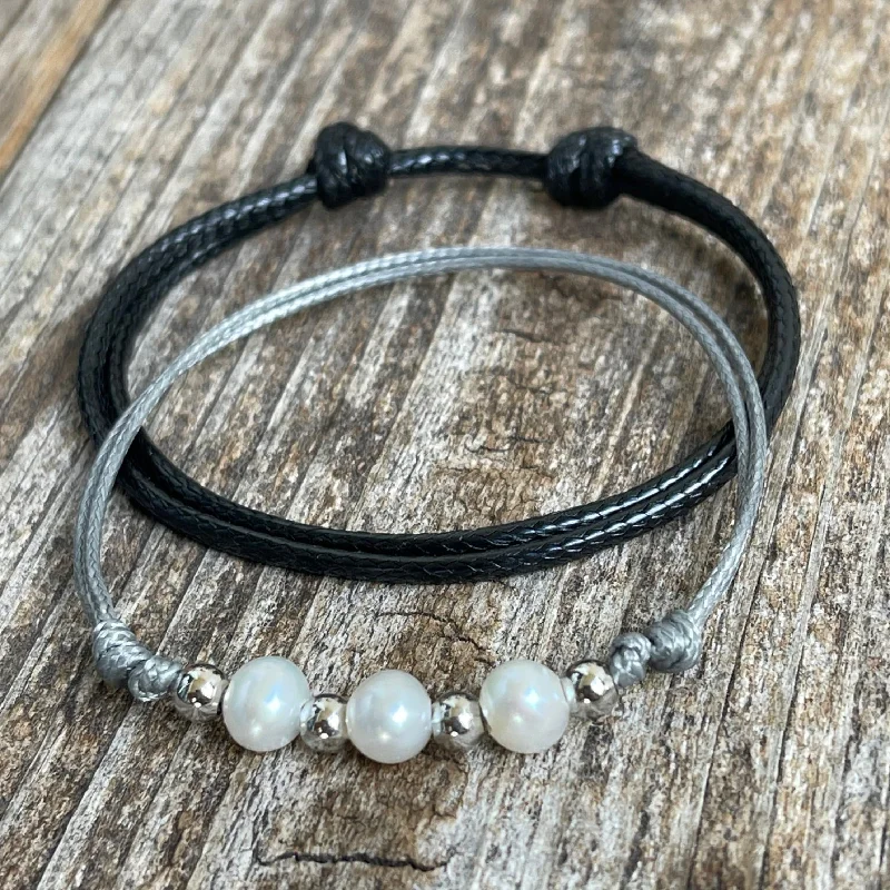 women gold bangles -Boca Pearl Set,  Black and Gray Couple Bracelets, Waterproof, Adjustable