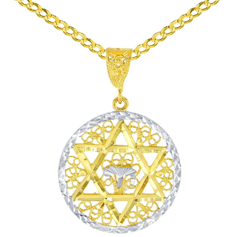 women custom necklaces -Solid 14K Yellow Gold Round Filigree Star of David with Chai Symbol Pendant Cuban Chain Necklace