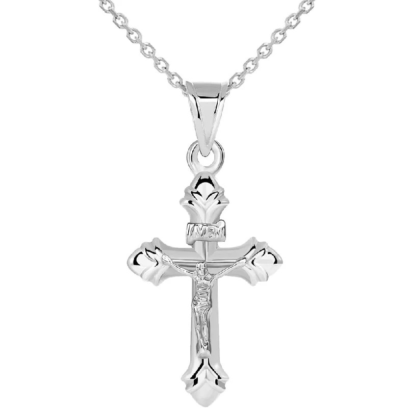 women delicate necklaces -14k White Gold Small INRI Fleur-de-Lis Crucifix Cross Pendant Necklace