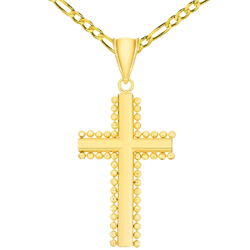 women pendant necklaces -Solid 14k Yellow Gold Beaded Edged Plain Religious Cross Pendant Necklace with Figaro Chain Necklaces