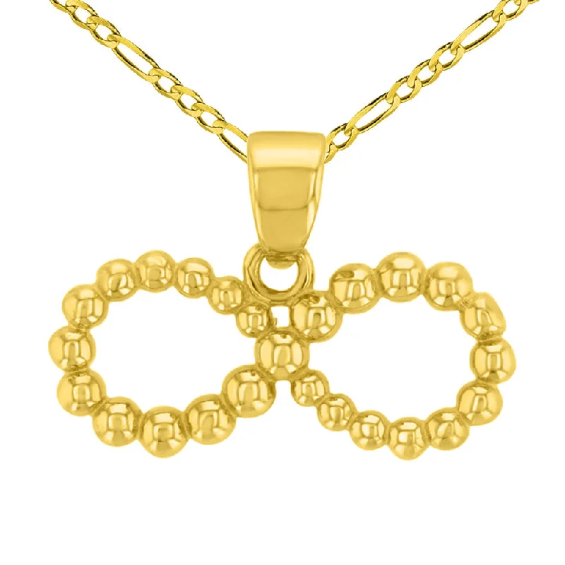 women artistic necklaces -14K Yellow Gold Beaded Style Infinity Pendant with Figaro Chain Necklace