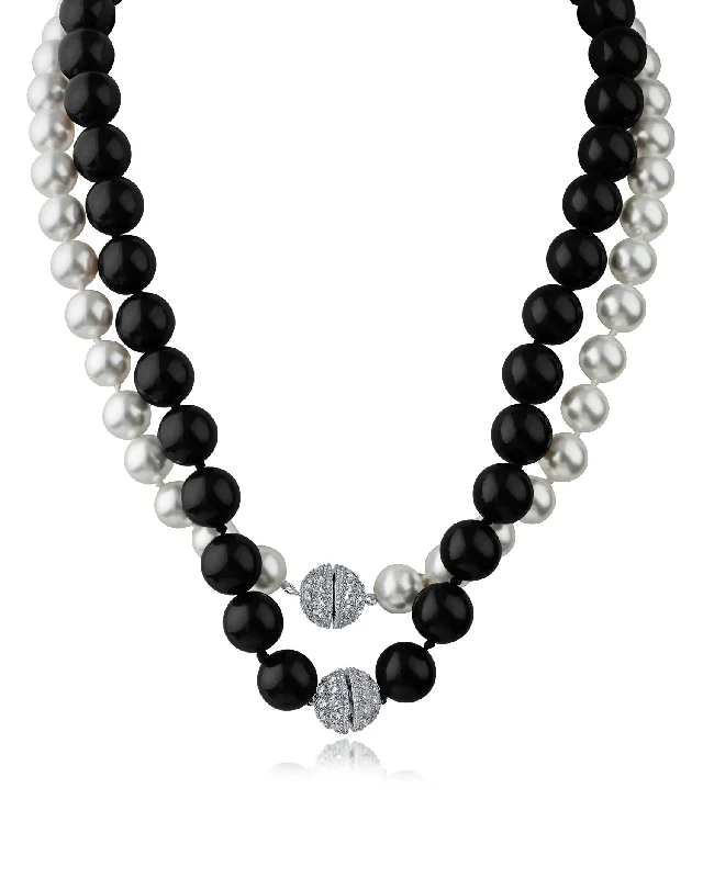 women crystal pendant necklaces -Pearl & Black Onyx Double Pave Cubic Zirconia Necklace