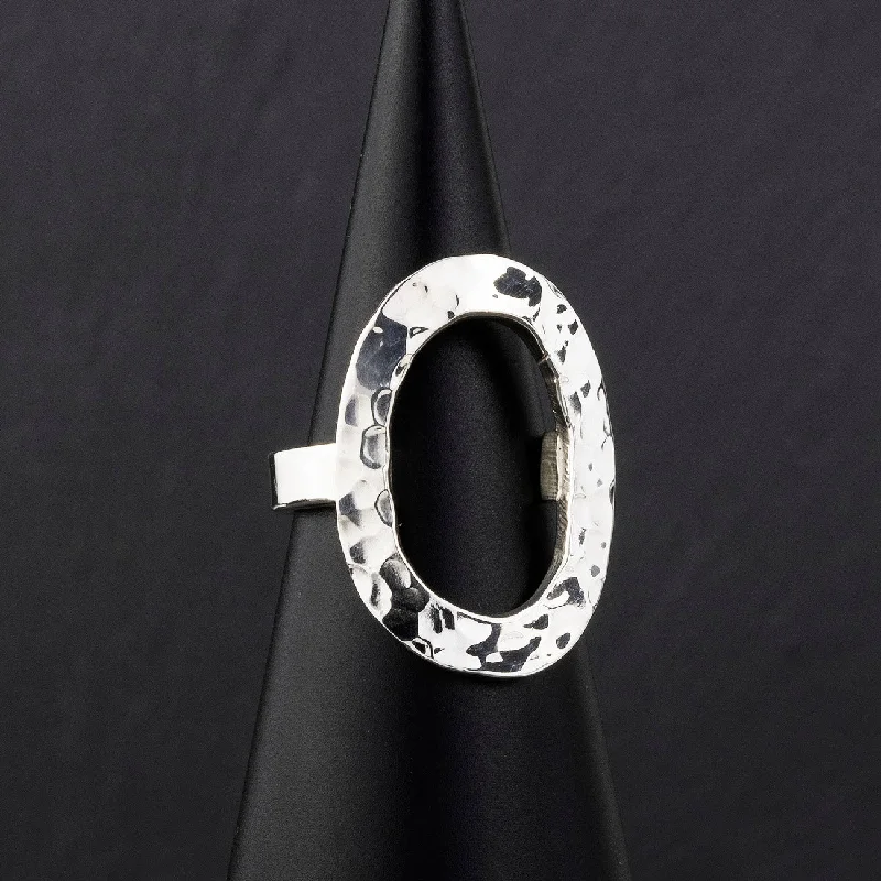 women diamond rings -Hammered Silver Open Oval Ring