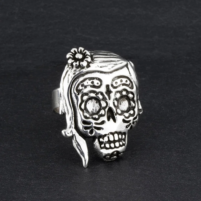 women luxury rings -Large Sterling Silver Sugar Skull Ring