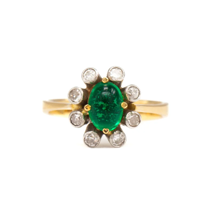 women adjustable rings -Retro Emerald Cabochon & Diamond Cluster Ring