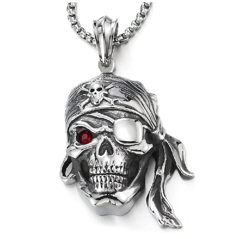 women designer necklaces -Mens Steel Viking Pirate Skull Pendant Necklace with Red Cubic Zirconia and 30 inches Wheat Chain