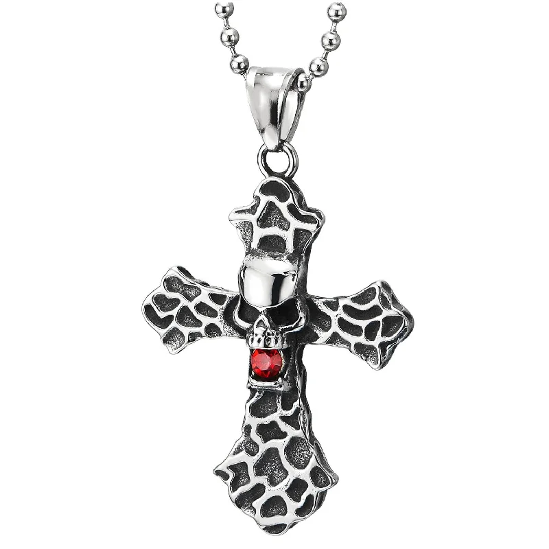 women custom necklaces -Mens Steel Grooved Concave Skull Cross Pendant Necklace with Red Cubic Zirconia and 23.6 in Chain