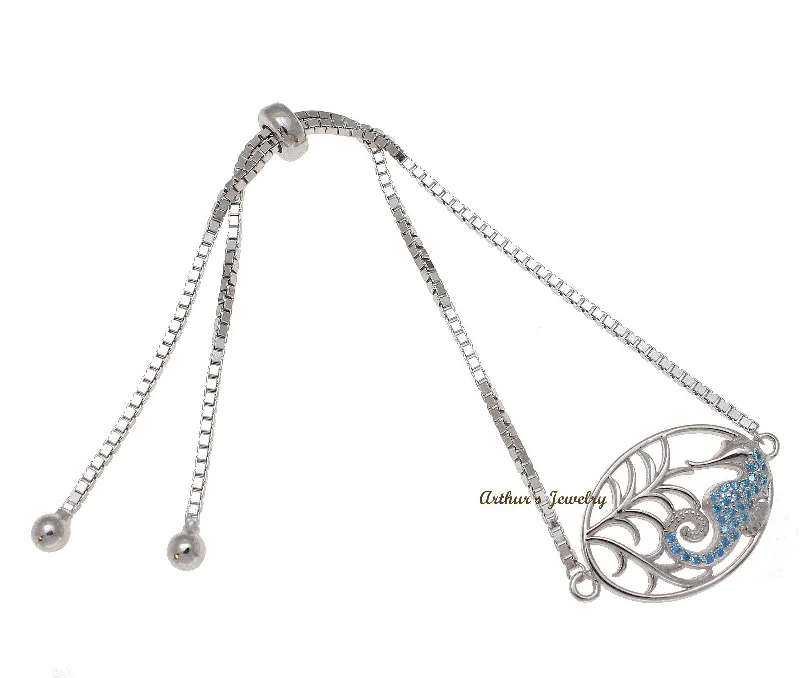 women statement bracelets -Silver 925 Blue Topaz Hawaiian Seahorse Sliding Adjustable Bead Chain Bracelet