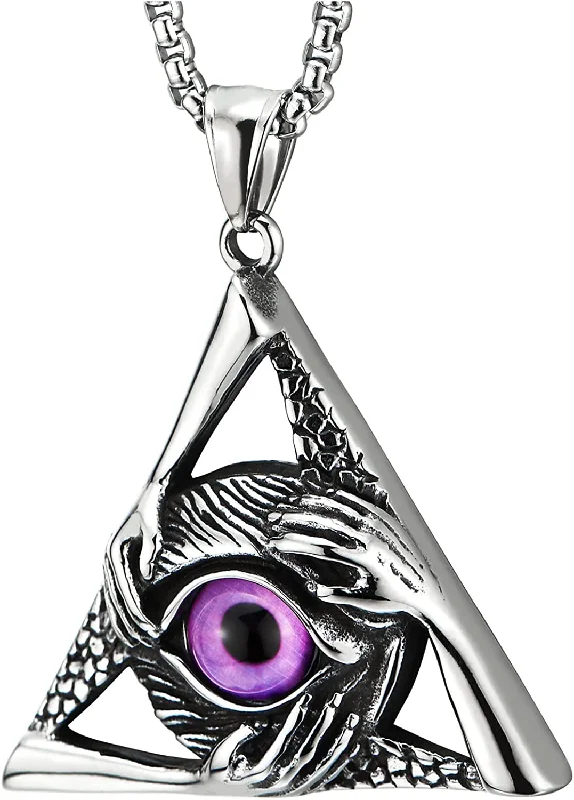 women fancy necklaces -Steel Vintage Purple Evil Eye Protection Hands Triangle Pendant Necklace Men Women, 30 Wheat Chain