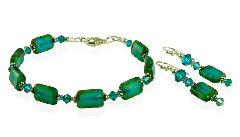 women chunky gold bracelets -Teal Czech Window Bracelet Set