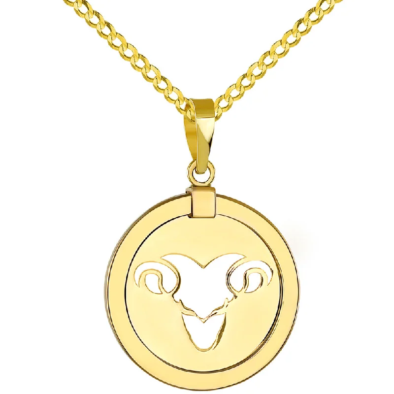 women pearl necklaces -14K Yellow Gold Reversible Round Ram Aries Zodiac Sign Pendant with Cuban Chain Necklace