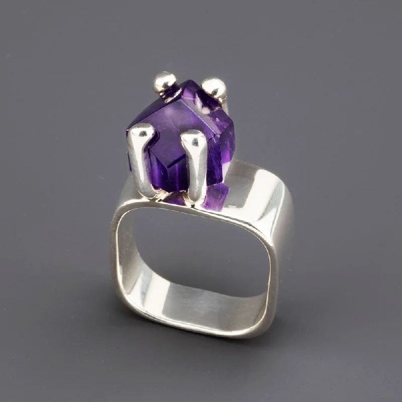 women double band rings -Sterling Silver and Amethyst Prong Ring