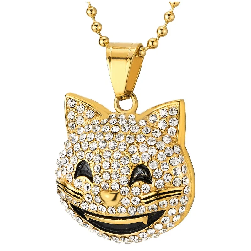 women gemstone necklaces -Womens Mens Stainless Steel Gold Color Smiling Grinning Kitty Cat Pendant Necklace with Rhinestones