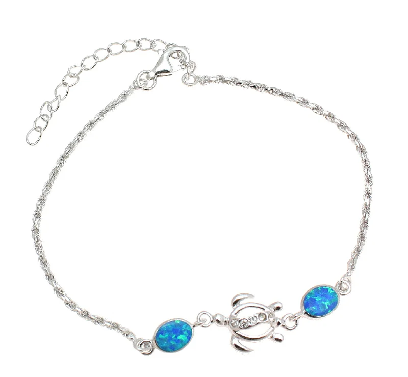 women thin bracelets -925 Silver Rhodium Hawaiian Sea Honu Turtle CZ Blue Opal Rope Chain Bracelet 7"+