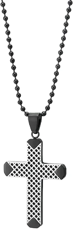 women short necklaces -COOLSTEELANDBEYOND Mens Cross Pendant Necklace, Checkered Design, Silver Black Stainless Steel, 30 inches Ball Chain