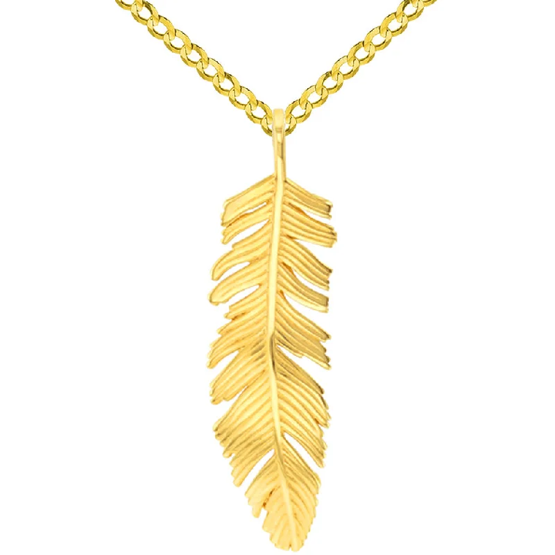 women gemstone drop pendant necklaces -Solid 14k Yellow Gold Polished Feather Charm Pendant with Cuban Chain Necklace