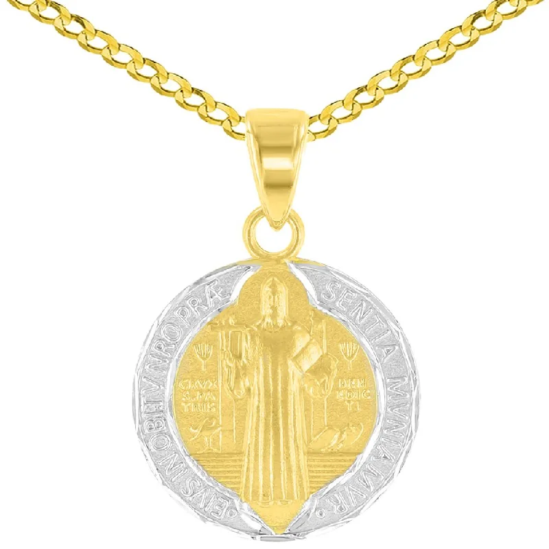 women anniversary necklaces -14K Yellow Gold Polished and Satin St Benedict Medal Charm Saint Pendant Cuban Chain Necklace