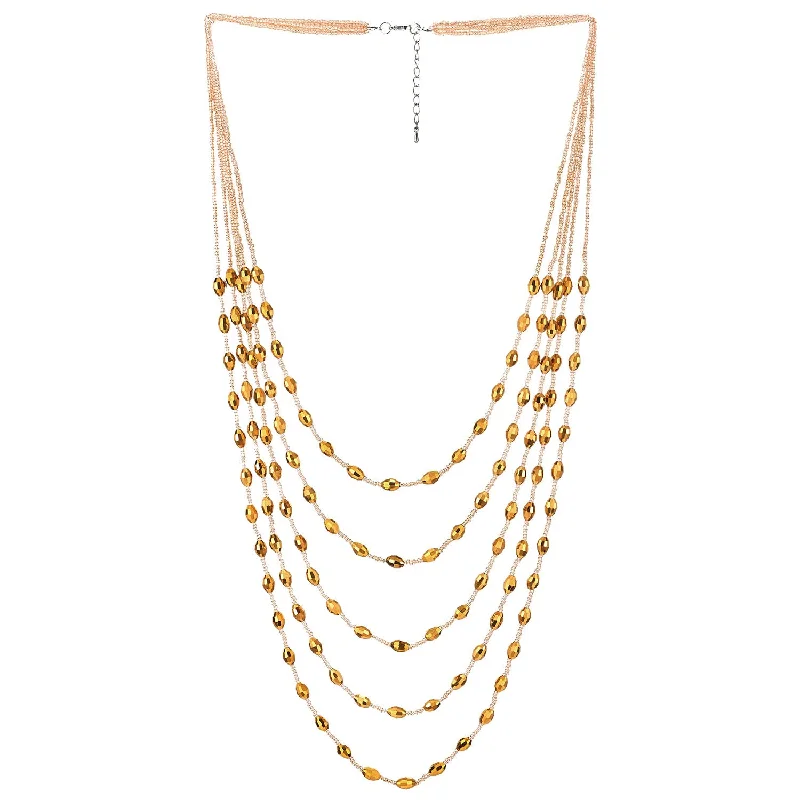 women rose gold necklaces -Gold Oval Beads Statement Necklace Multi-Strand Long Chains with Crystal Charms Pendant