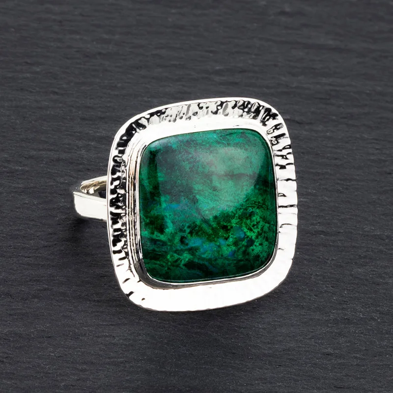 women art deco wedding bands -Square Silver and Chrysocolla Ring