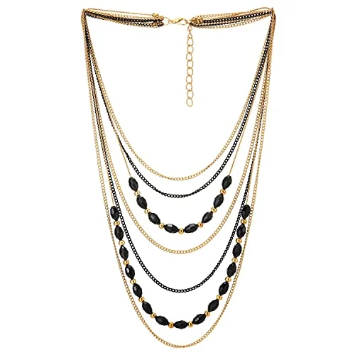 women monogram necklaces -Gold Black Statement Collar Necklace Waterfall Multi-Strand Chains Black Gem Stone Ball Charm