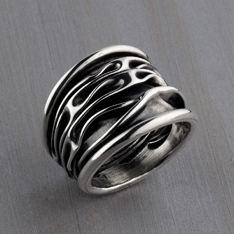 women stackable rings -Corrugated Mexican Silver Wide Band Ring