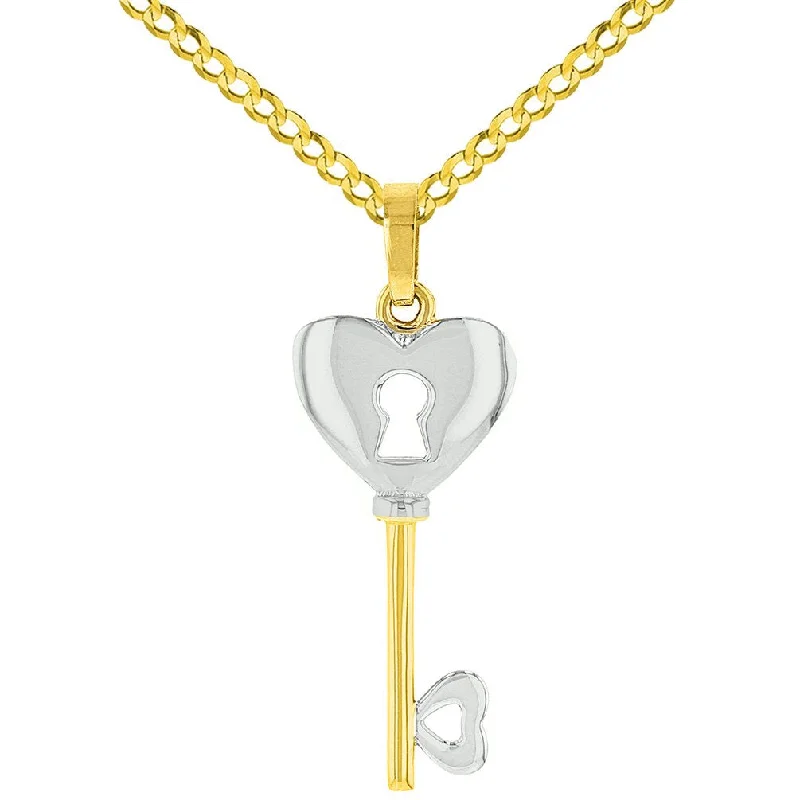 women silver necklaces -14K Yellow Gold Polished Key to My Heart Love Pendant with Cuban Chain Necklace