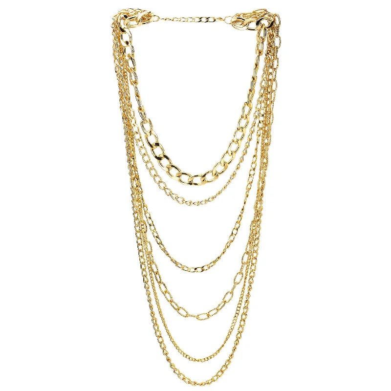 women unique charm necklaces -Gold Statement Necklace Waterfall Multi-Strand Curb Link Rolo Chains, Punk Rock Cool, Light Weight