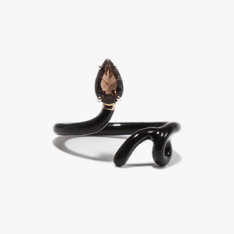 women bold statement rings -Smokey Quartz Pear & Black Enamel Baby Vine Tendril Ring