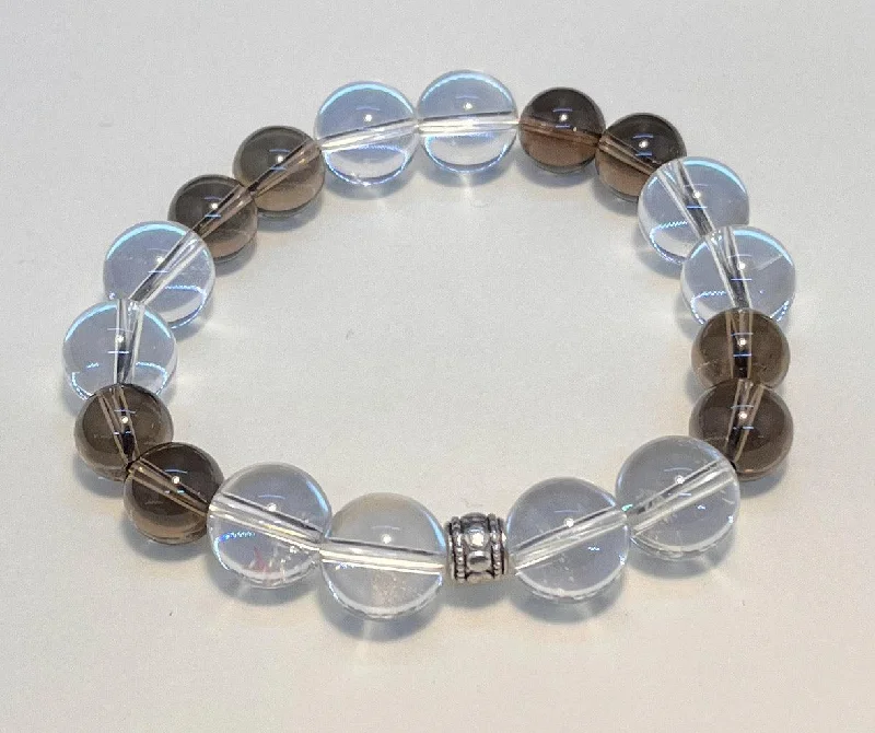 women oversized bangles -Clear Quartz with 10mm Smoky Quartz Stretchy Bracelet