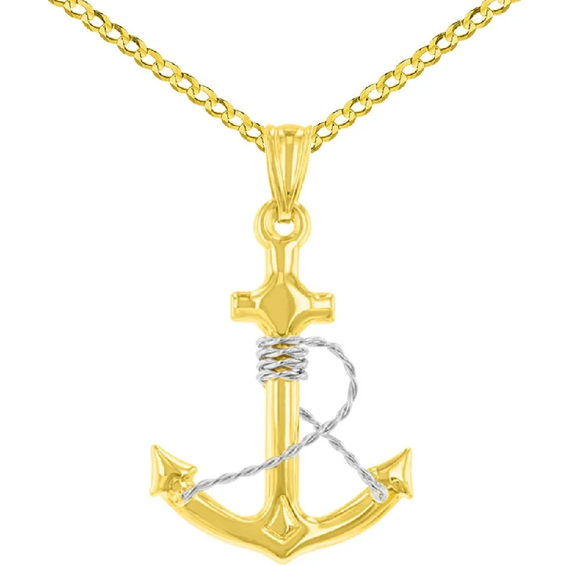 women twisted chain necklaces -14k Two-Tone Gold Polished 3D Anchor with Rope Pendant with Cuban Curb Chain Necklace