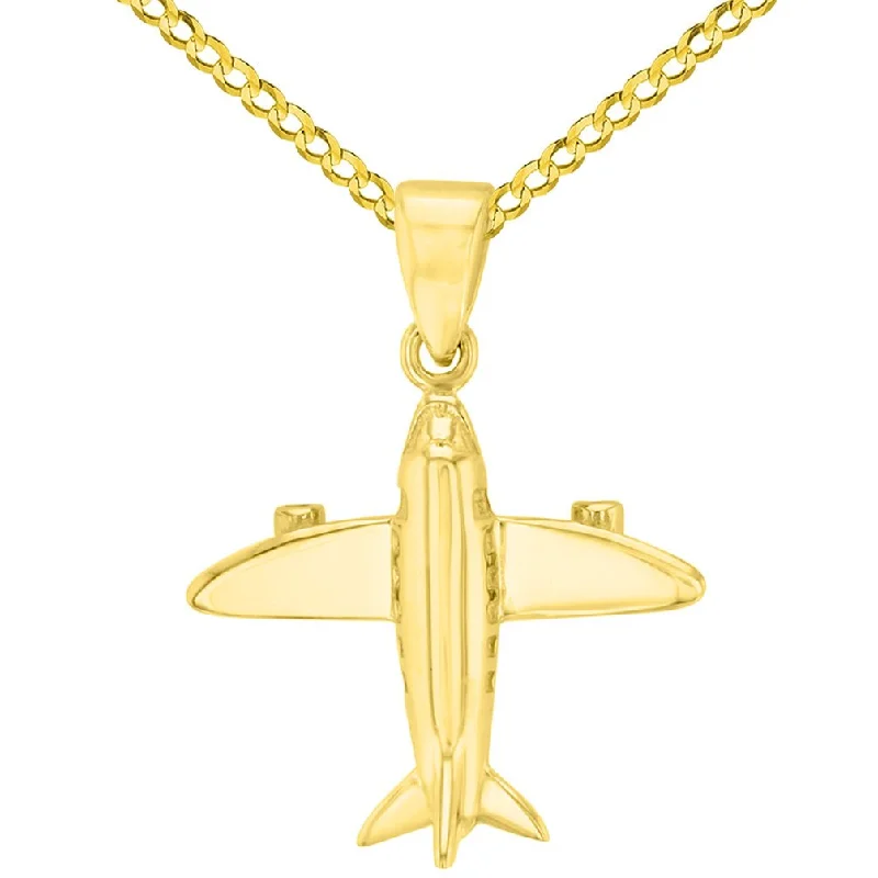 women rope necklaces -Solid 14K Yellow Gold 3D Airplane Charm Jet Aircraft Pendant with Cuban Chain Necklace