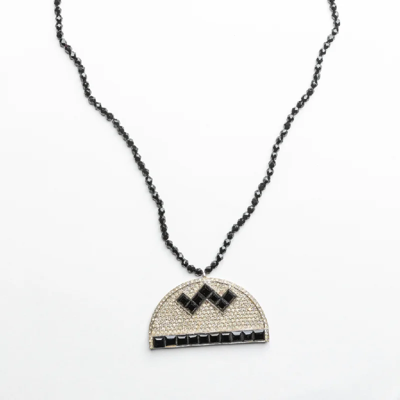 women artistic necklaces -Vintage Jet Bead Necklace With Crystal & Black Half Circle Pendant