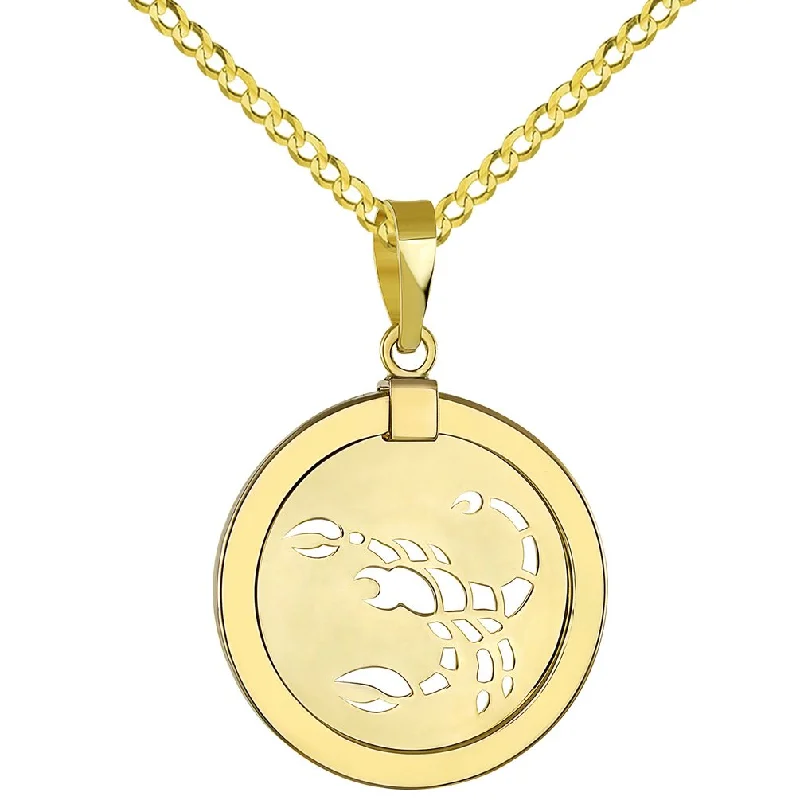 women wedding necklaces -14K Yellow Gold Reversible Round Scorpion Scorpio Zodiac Sign Pendant with Cuban Chain Necklace