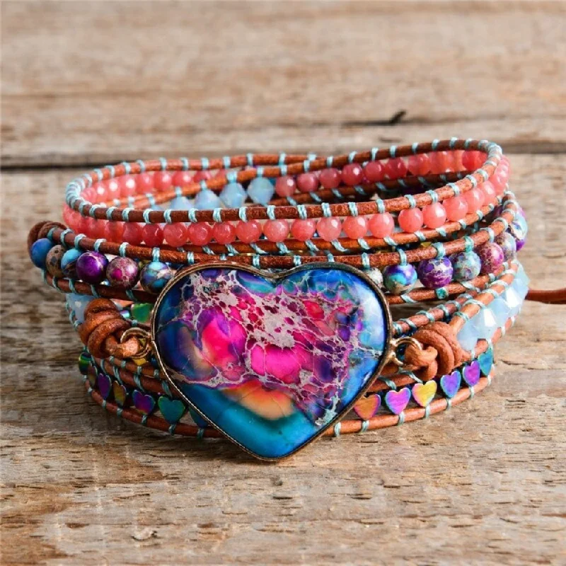 women silver bangles sets -Bohemian Retro Apatite Stone Heart Bracelet