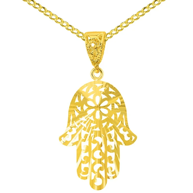 women custom charm necklaces -Solid 14K Yellow Gold Textured Filigree Hamsa Hand of Fatima Pendant Necklace