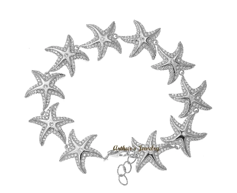 women jewelry bangles -HEAVY SOLID 925 STERLING SILVER HAWAIIAN SEA STARFISH BRACELET CZ RHODIUM 7 INCH