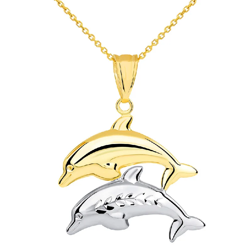 women modern necklaces -14k Yellow Gold and White Gold Two Tone 3D Dolphins Jumping Pendant Necklace