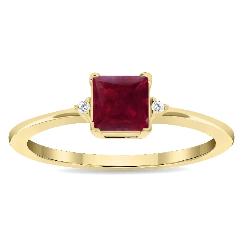 women moissanite engagement rings -Women's Square Shaped Ruby And Diamond Classic Ring In 10K Yellow Gold