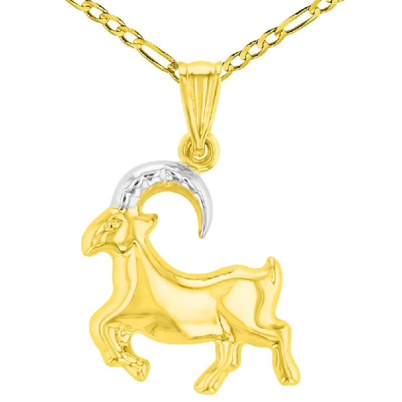 women long necklaces -High Polish 14K Yellow Gold Capricorn Zodiac Sign Charm Pendant Figaro Chain Necklace