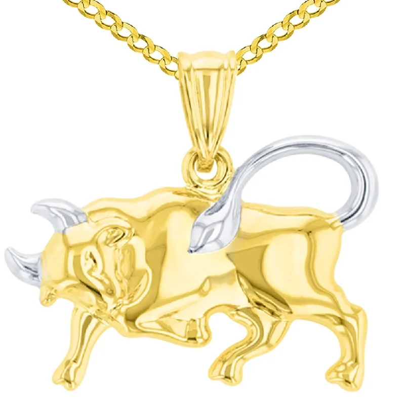 women unique charm necklaces -High Polish 14K Yellow Gold Bull Pendant Taurus Zodiac Sign Charm Cuban Chain Necklace