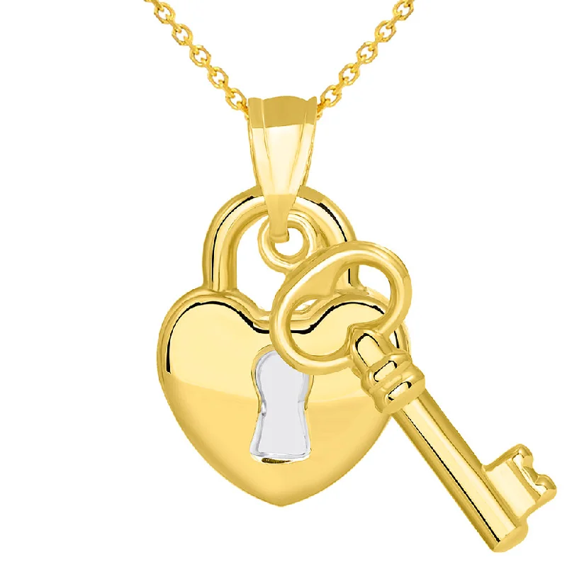 women trendy necklaces -14k Yellow Gold Polished Two Tone Heart Shaped Lock and Love Key Pendant Necklace