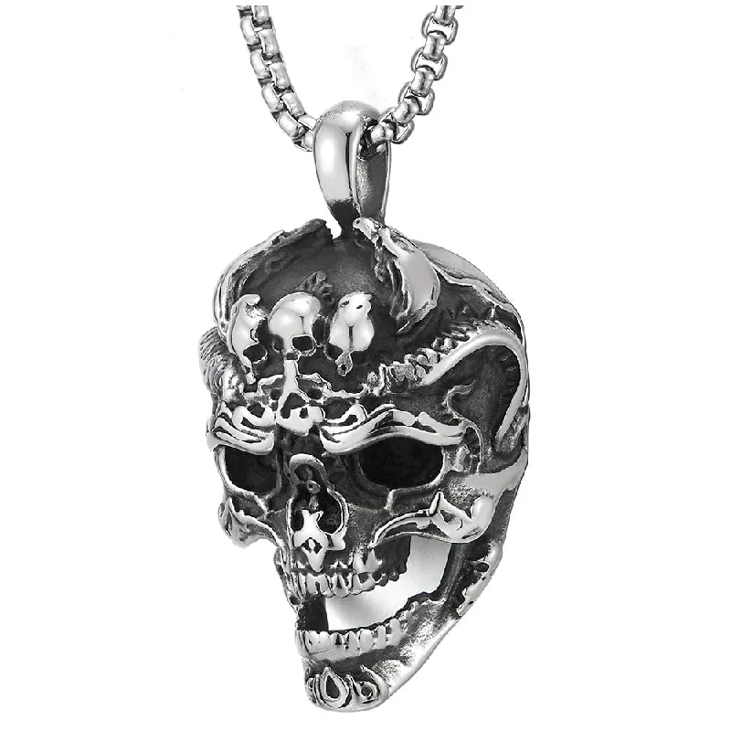 women chic necklaces -Mens Stainless Steel Large Vintage Skull Pendant Necklace with 30 inches Wheat Chain, Gothic Biker