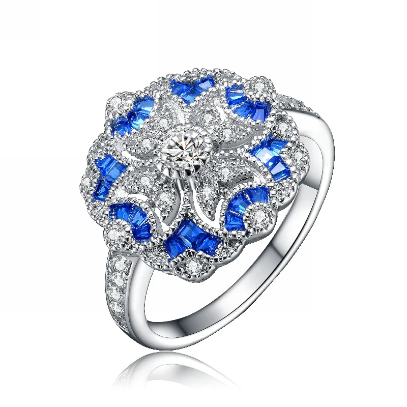 women gold solitaire engagement rings -GENEVIVE Sterling Silver Sapphire Cubic Zirconia Floral Cocktail Ring