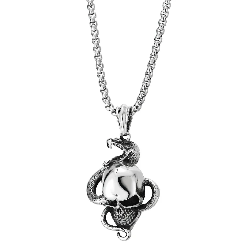 women rose gold pendant necklaces -COOLSTEELANDBEYOND Men Stainless Steel Snake Skull Pendant Necklace, Punk Rock, 30 inches Wheat Chain