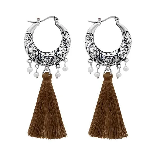 women rhinestone earrings -Jeweljunk Brown Thread Rhodium Plated Tassel Earrings - 1310956E