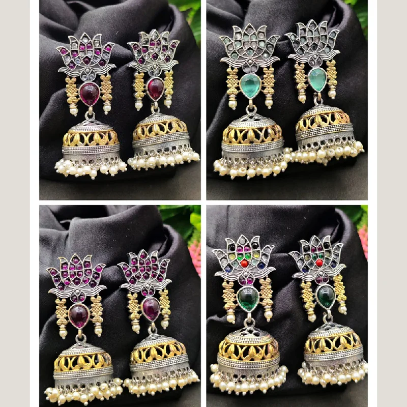 women clip-on earrings -Fancyla 2 Tone Plated Pota Stone Jhumki Earrings