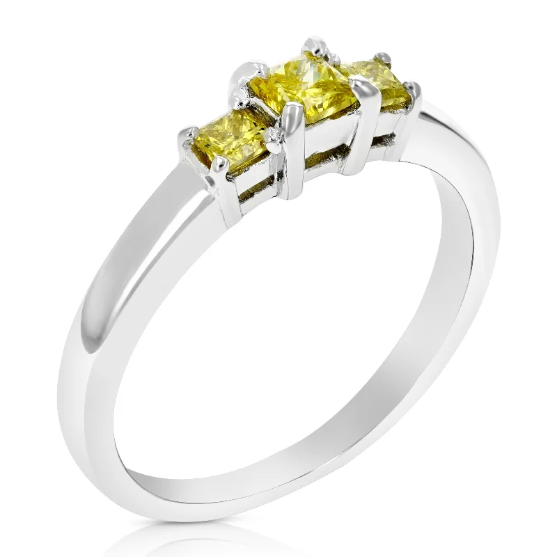 women sapphire gemstone engagement rings -1/2 cttw 3 Stone Princess Yellow Diamond Engagement Ring .925 Sterling Silver