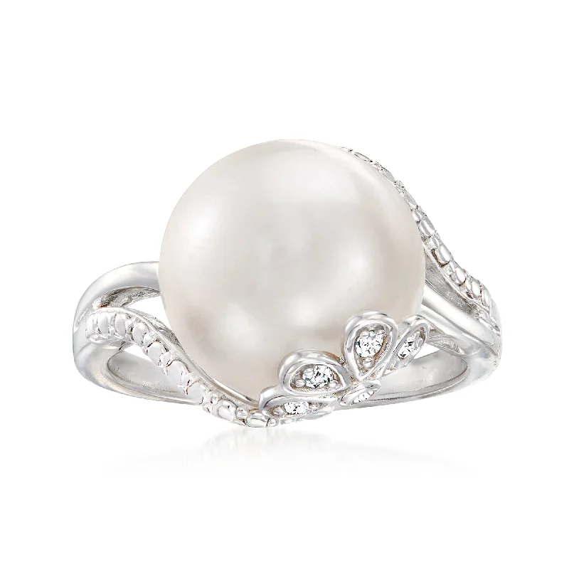 women unique cut engagement rings -Ross-Simons 12-12.5mm Cultured Pearl Ring With Diamond Accents in Sterling Silver