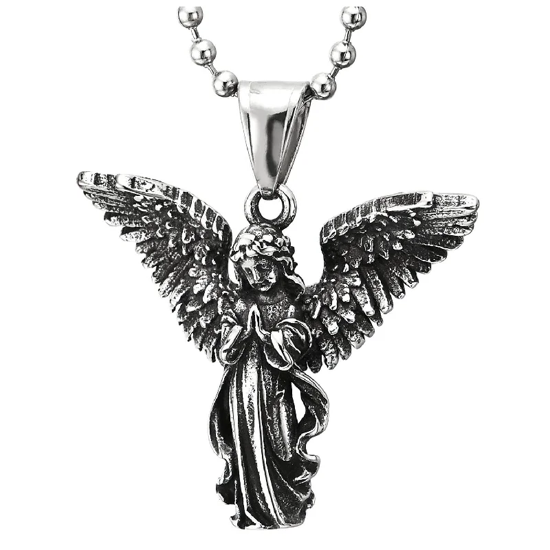 women crystal pendant necklaces -Womens Steel Vintage Angle Wing Prayer Hand Fairy Pendant Necklace with 23.6 Inches Ball Chain